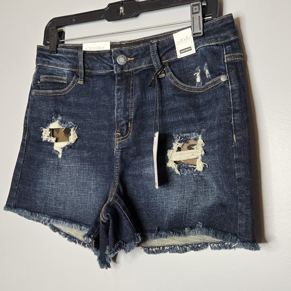 Judy Blue Camo Patch Shorts L High Waist‎ Distressed Dark Wash Denim Retro... - Picture 2 of 6